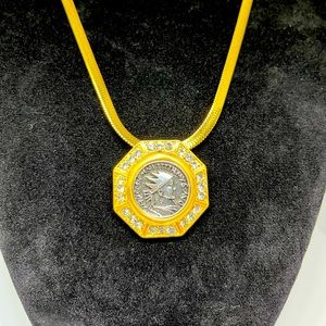 MIXED METAL 18K GOLD PLATED VINTAGE STYLE COIN & RHINESTONE NECKLACE
